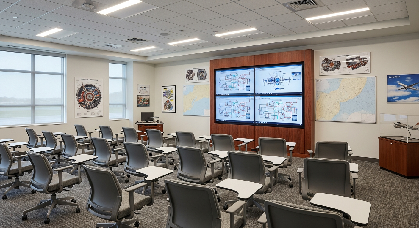 Modern aviation training classroom for theoretical instruction